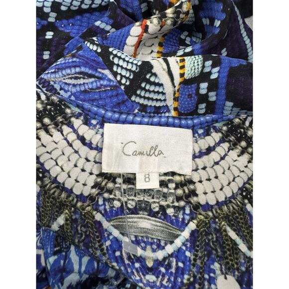 CAMILLA LONG DDRESS WITH TIE FRONT BLUE PROVICIAL PRINT 100% SILK CRYSTAL SZ 8 - Picture 7 of 7